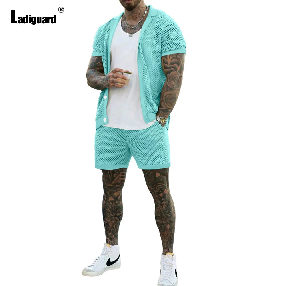 

Mens Casual Knitted Tracksuit Sets 2023 European Fashion Notched Two-piece Set Men Outfits Sexy Hollow Out Beach Co-ords hommes