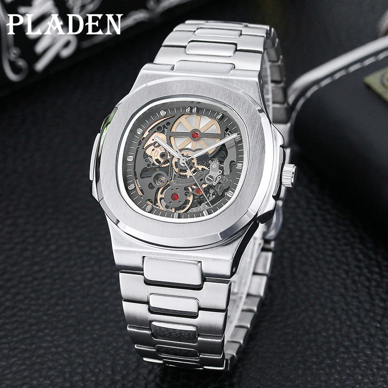 

Power Reserve Mechanical Watches Men's PLADEN Skeleton Stainless Steel Powerful Automatic Watch Square Waterproof Hand Clock New