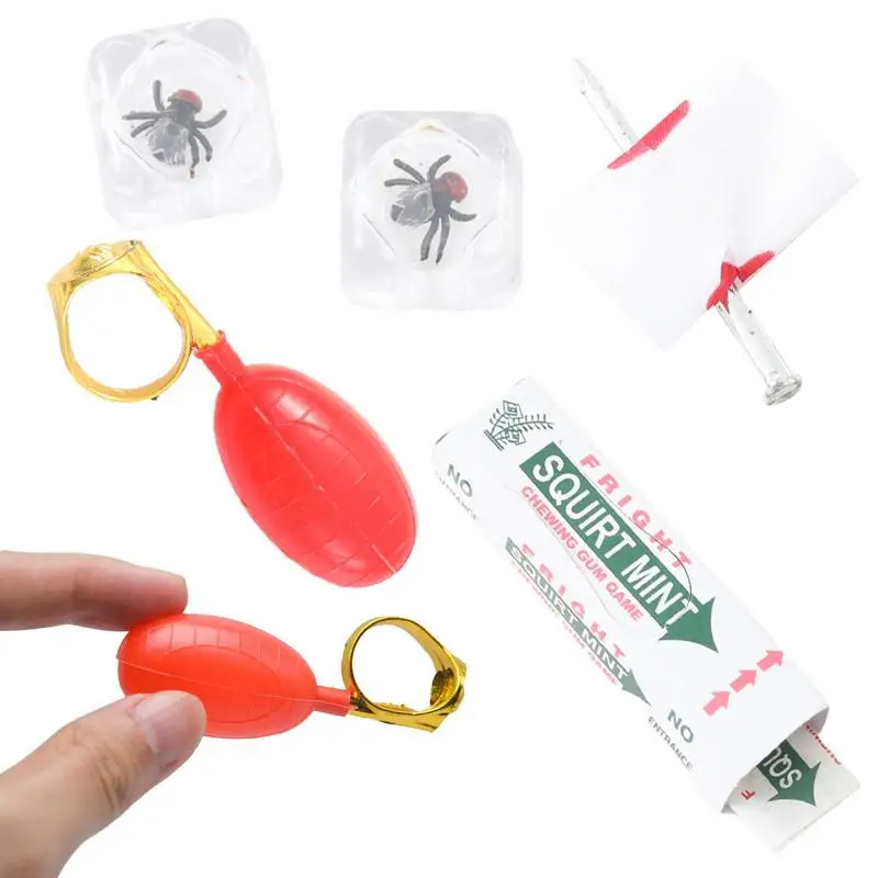

Prank Toys 4 Pieces Prank Games Joke Tricky Game Set Water Spray Ring Piercing Nails Ice Bugs Flies Surprising Prank Gag Gifts