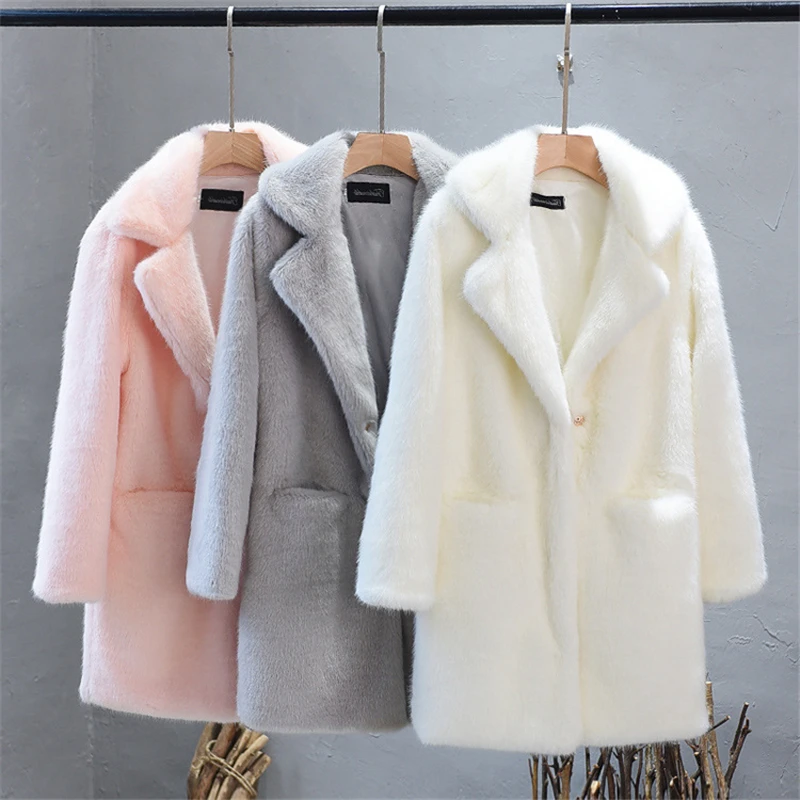 

2024 Autumn/Winter Fashion New Mid Length Polo Collar Long Sleeve Warm Imitation Mink Fur Grass Coat Women's Trend