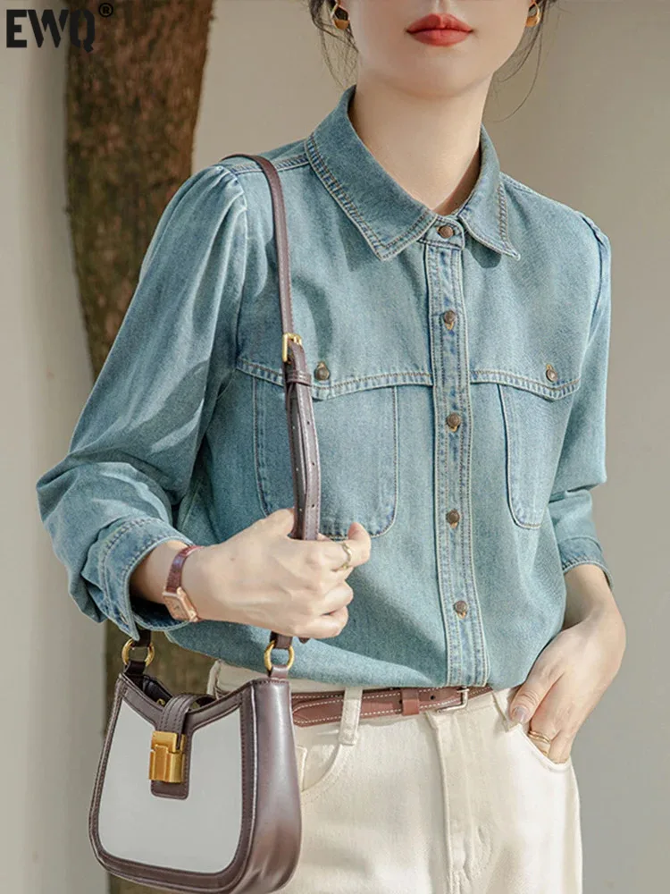 

Женская джинсовая рубашка с длинным рукавом [EWQ], синяя однобортная Повседневная рубашка с отложным воротником, свободного покроя, универсальная, весна-лето 2024