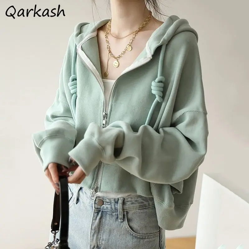 

Crop Drawstring Hoodies for Women Baggy Spring Fall Simple Cute Students Zip-up Jacket Casual All-match Teens Solid Y2k Clothes