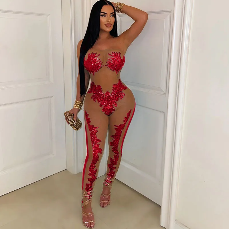 

Sexy Mesh See Through Patchwork Sequin Jumpsuit Women Party Night Club Outfits Skinny Strapless Backless Bodycon Rompers Catsuit