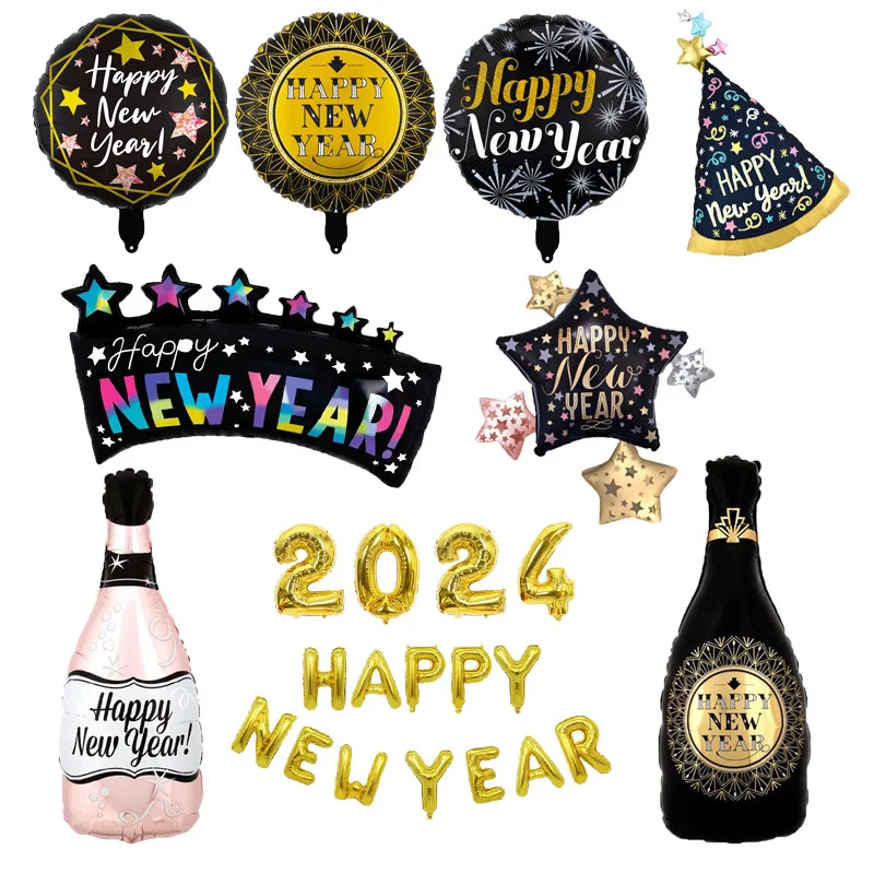 

2024 Happy New Year Foil Balloons For Merry Christmas Party Decoration 18inch Black Bottle Helium Globos Home Decor