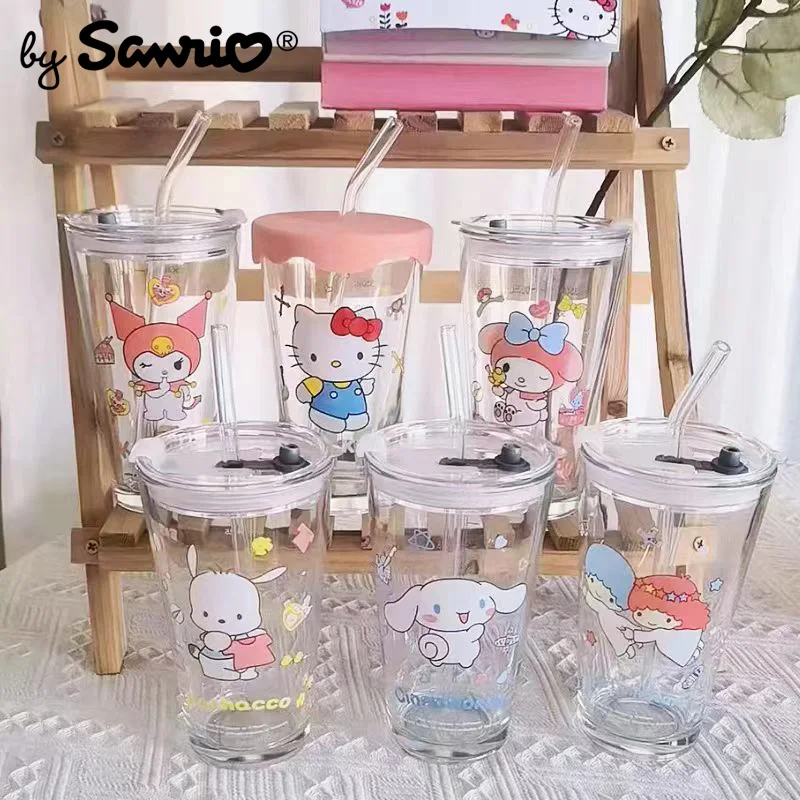 

401-500ml Sanrio Cinnamoroll My Melody Water Cup Cartoon Graduated Glass Water Cup Juice Milk Tea Straw Cup with Lid Girl Gift