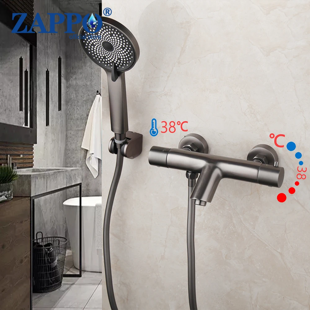 

ZAPPO Bathroom Gun Gray Thermostatic Shower Set Faucet w/ Hand Sprayer Rainfall Shower Bathtub Mixer Hot Cold Faucet Tap Set