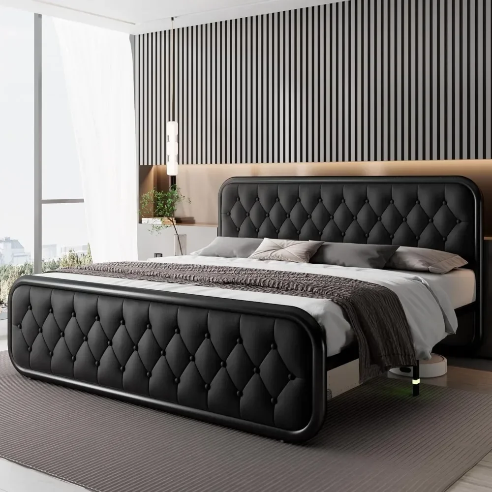 

Bed frame Heavy-duty bed frame with faux leather headboard Bedroom furniture 12" under-bed storage Black platform bed