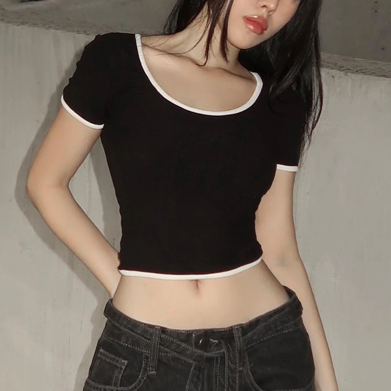 European And American Women's Summer Ins New Color Contrast Bag Edge U Neck Short Sleeve Hollowed Out Halter Top T-shirt Woman
European And American Women's Summer Ins New Color Contrast Bag Edge U Neck Short Sleeve Hollowed Out Halter Top T-shirt Woman