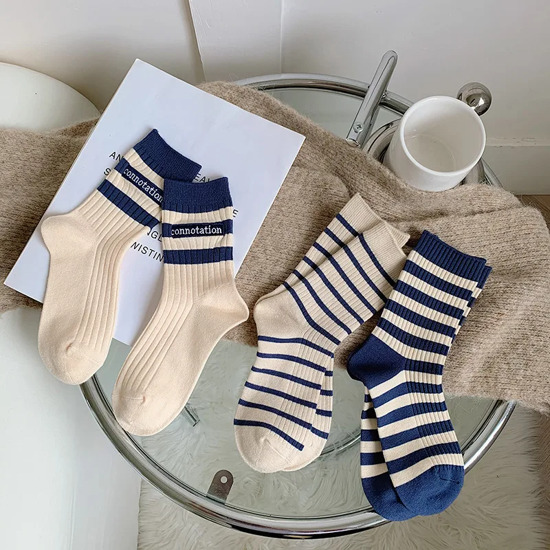

Couple Stockings Blue Cotton Socks Stripes Letter Design Neutral Socks Middle Barrel Socks Sport Leisure Skin-Friendly Soft