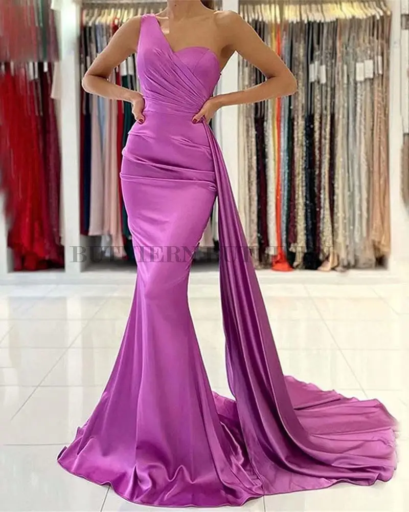 

Sexy One Shoulder Satin Mermaid Evening Dresses Backless Party Prom Gown Women Sweep Train robes de soirée فساتين السهرة