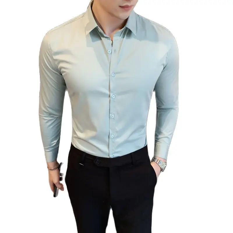 

2023 Neckline Embroidery Mens Long Sleeve Casual Slim Fit Men Dress Shirts Solid Color Formal Business Social Clothing Blouse