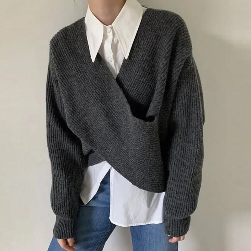 

Female Solid Pullover Apricot Grey Black Khaki Loose Women Irregular 2024 Korean Fashion V-neck Knit Sweater Top Blusa Elegant