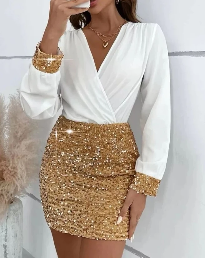 Pleated Long Sleeved Mini Skirt, New Hot Selling Fashion V-Neck Contrasting Sequin Tight Fitting Dress, Elastic Waist Skirt
Pleated Long Sleeved Mini Skirt, New Hot Selling Fashion V-Neck Contrasting Sequin Tight Fitting Dress, Elastic Waist Skirt