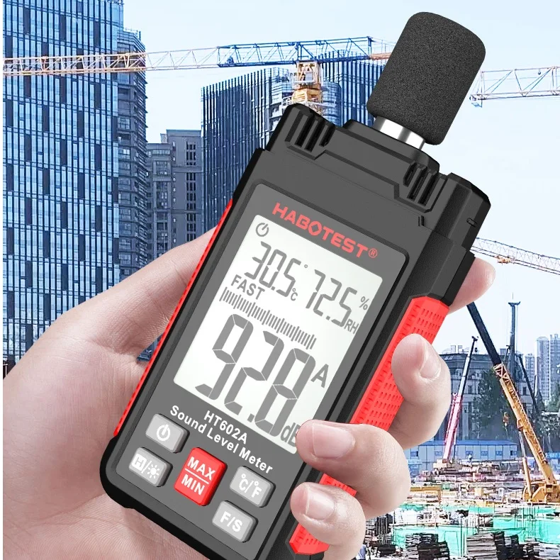 

HT602A Digital Sound Level Indicator Noise Measuring Instrument 30-130 dB Handheld Decibel With Temperature Humidity Meter