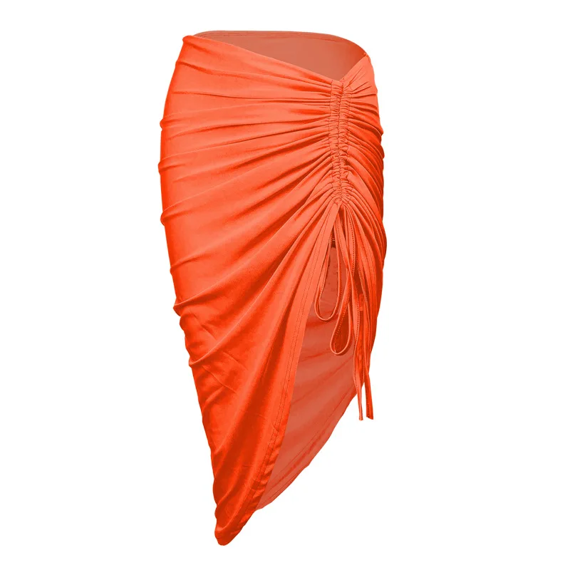

Asymmetrical Silky Cinched Front Midi Skirt High Waist Slit Pleats Sexy Hip Skirt Skirts for Women