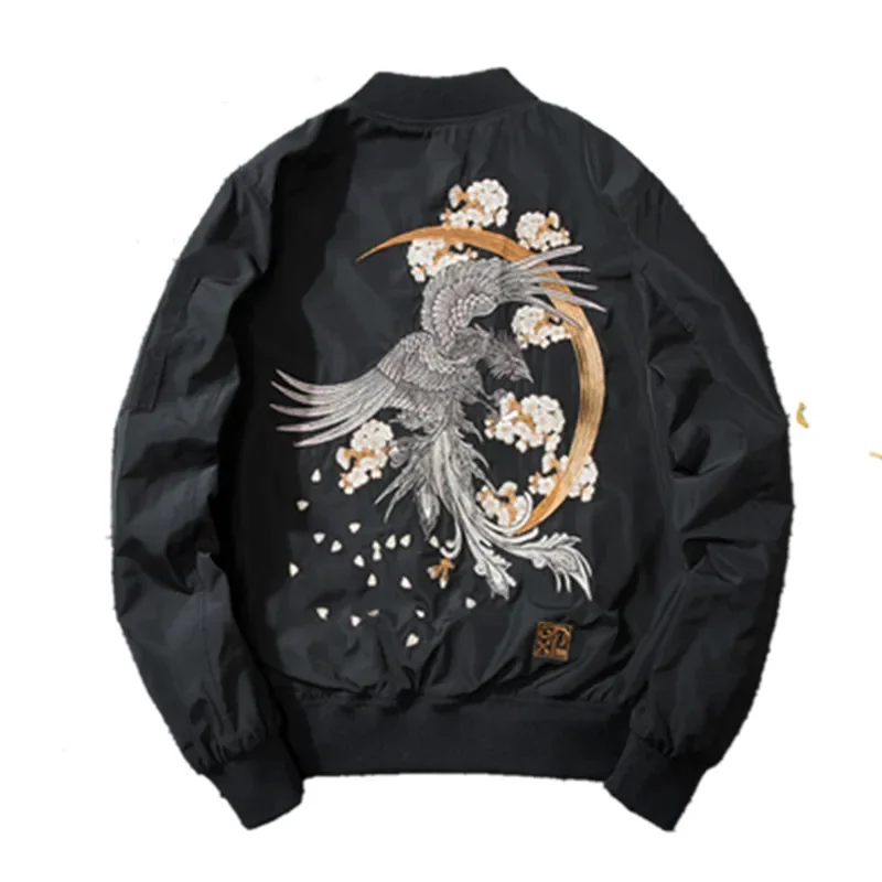 

Black Men Autumn Parka Winter Warm Jacket Embroidery Phoenix and flowers Flight Bomber coat Male Padded Cotton Outwear