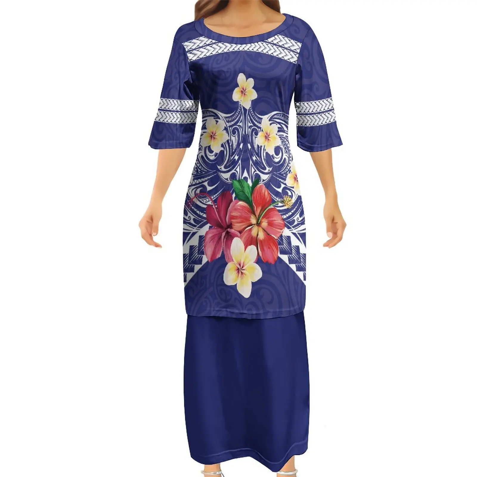 

High Quality Women'S Crew-Neck Dress Set Puletasi Traditional Dress Samoa Polynesian Tribe Designed Vintage Print Dress