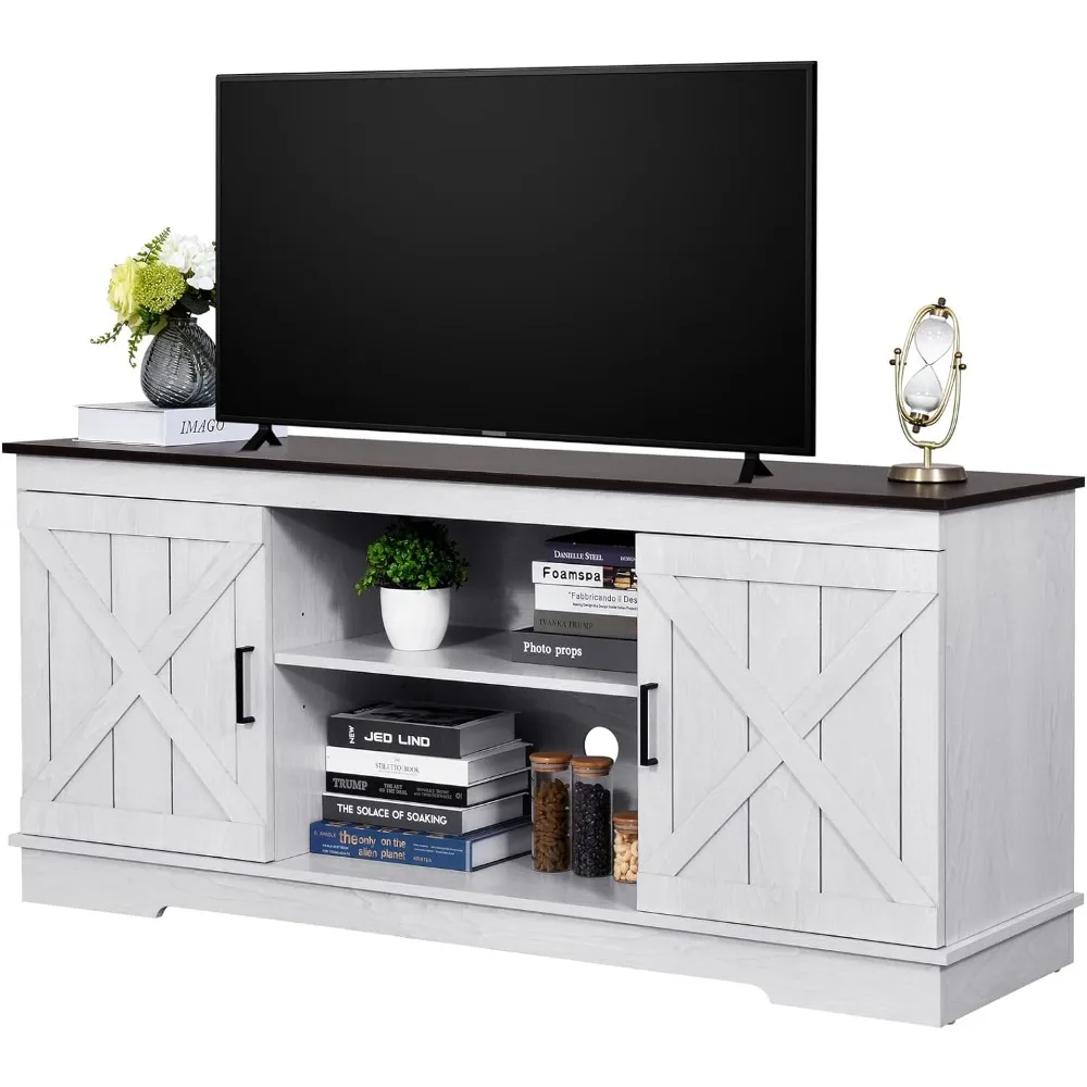 

Farmhouse TV Stand for 65 Inch TV, Mid Century Modern Entertainment Center for 300lbs with Double Barn Doors, Rustic