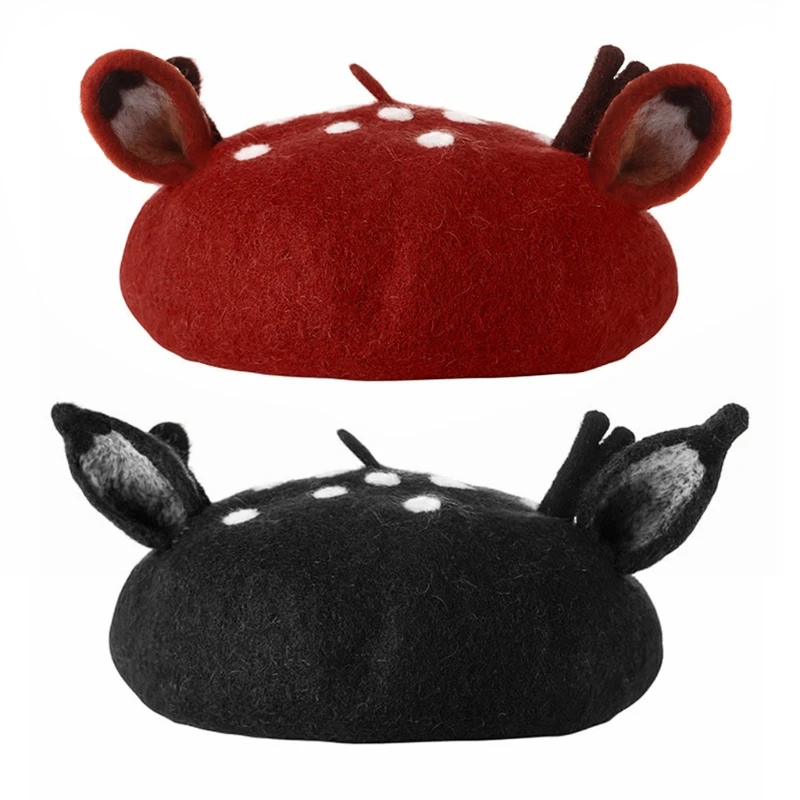 

2023 New Women Girl French Artist Warm Felt Winter Beanie Hat Vintage Cartoon Reindeer Antler Ears Winter Cap