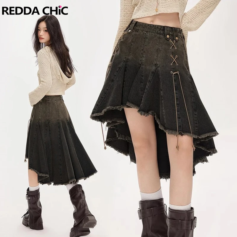 

ReddaChic Steampunk Retro Hi-Lo Ruffle Denim Mini Skirt Women Strappy Frayed Low Rise Pleated Jeans Skirt Y2k Grunge Streetwear