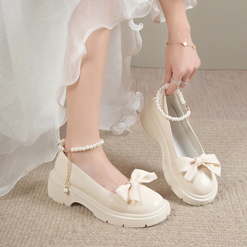 

Women's Japanese Style Lolita Mary Jane Shoes Vintage Shallow Ladies High Heels Chunky Platform Female Bow Pearl Buckle Pumps