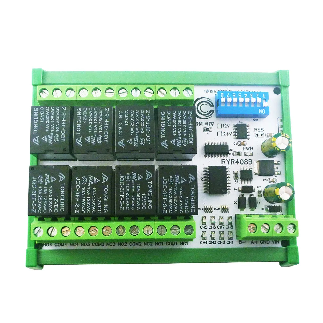 RYR408B DC12V/24V 8 Channel DIP Switch Set Parameters RS485 Relay Board Modbus RTU PLC Remote IO Module with C35 Din Box
RYR408B DC12V/24V 8 Channel DIP Switch Set Parameters RS485 Relay Board Modbus RTU PLC Remote IO Module with C35 Din Box