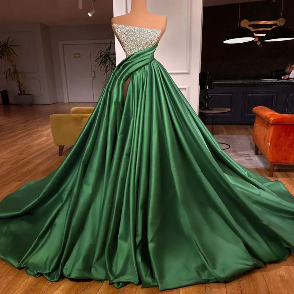 

Новое зеленое вечернее платье на одно плечо, ТРАПЕЦИЕВИДНОЕ атласное платье с бусинами и Боковым Разрезом, официальное платье для выпускного вечера, элегантные платья для вечеринки Gala