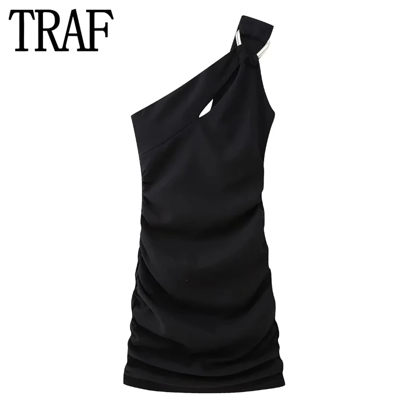 

TRAF Asymmetric Black Short Dresses For Women Ruched Backless Mini Bodycon Dress Women Off Shoulder Sexy Evening Party Dresses