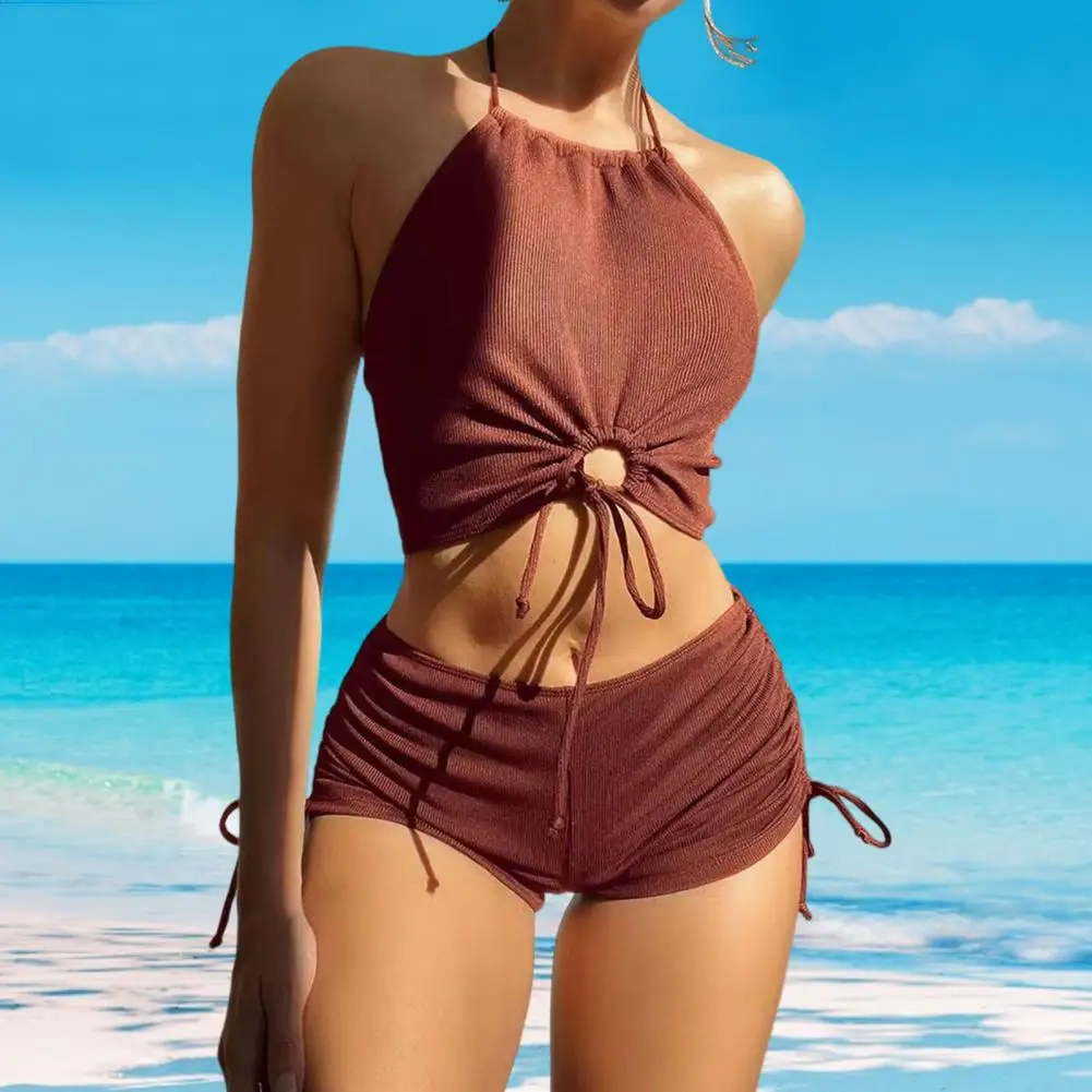 

Female Bathing Suit Two-piece Swimsuit Stylish Women's Summer Bikini Set with Halter Bra High Waist Drawstring Trunks for A