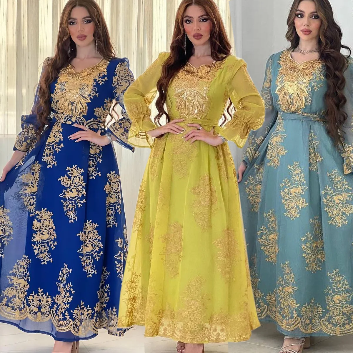 

Women Abaya Dress Ramadan Gurban Festival Arab Dubai Embroiled Decal Dress Muslim Party Dinner Robe Middle East Moroccan Caftan