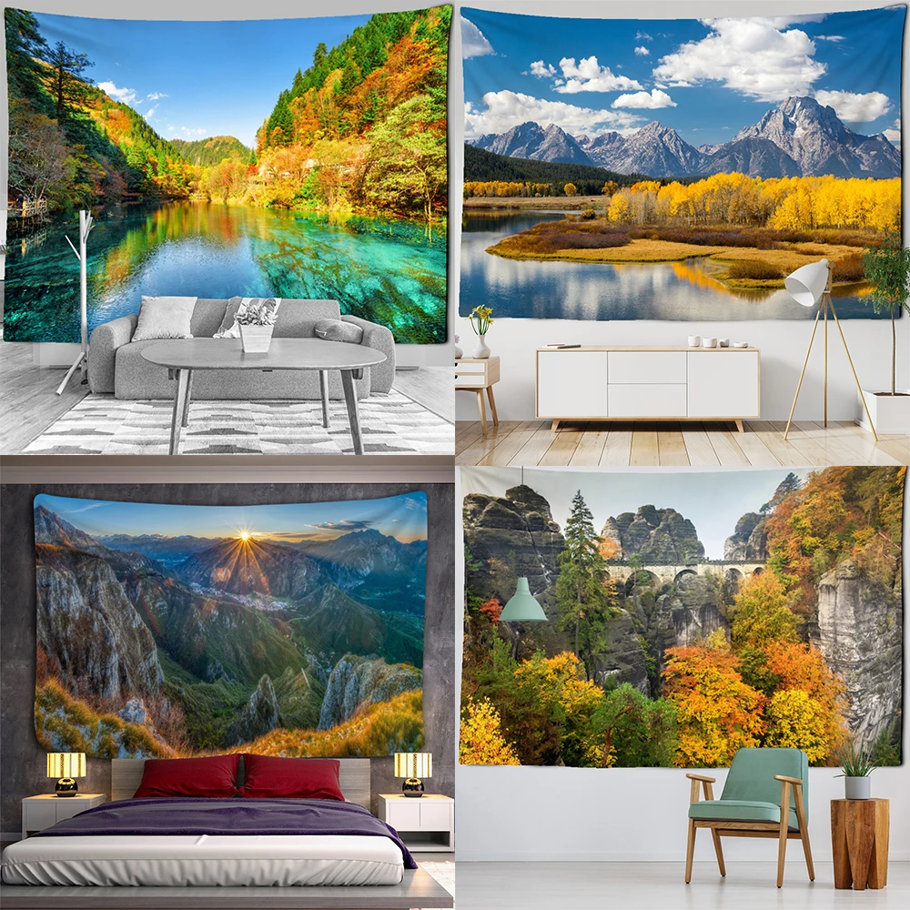 

Mountain Rolling Lake Scenery Art Tapestry Golden Forest Wall Hanging Hippie Cloth Backdrop Beach Mat Dorm Home Decor