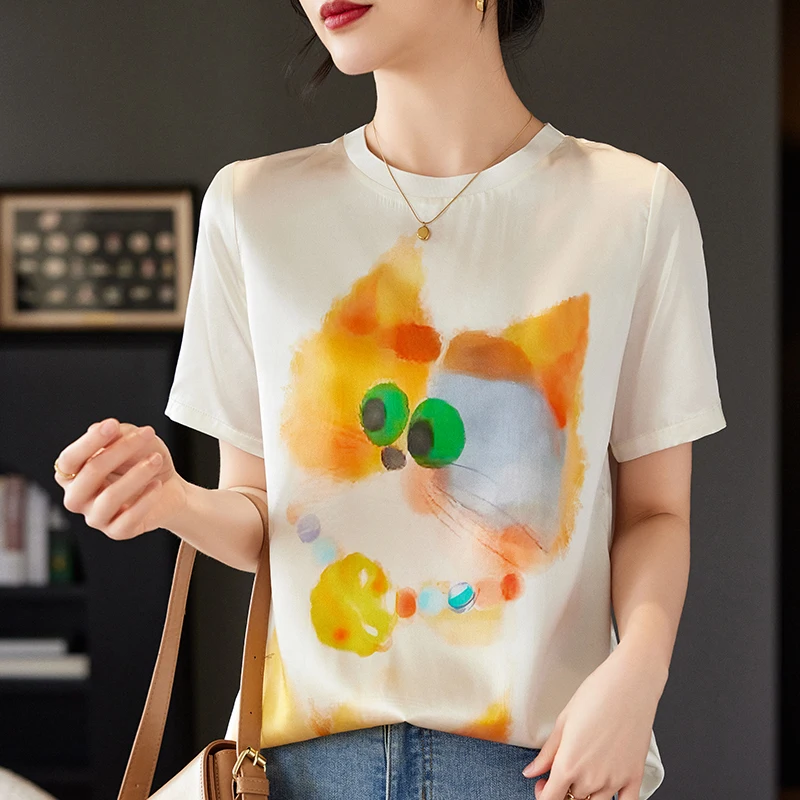 Женская футболка из натурального шелка, лето 2024, футболка с коротким рукавом и принтом мультяшного кота, футболки, женские повседневные футболки, топы, женская футболка
Женская футболка из натурального шелка, лето 2024, футболка с коротким рукавом и принтом мультяшного кота, футболки, женские повседневные футболки, топы, женская футболка