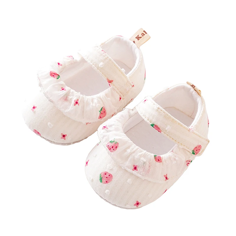 

Baby Girls Mary Jane Flats Non-Slip Strawberry Print Ruffle Princess Dress Shoes Infant Crib Shoes