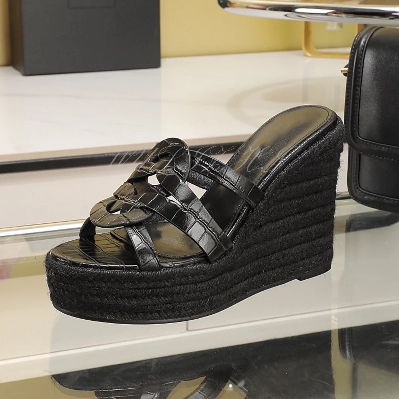 

Snake Print Leather Striped Wedge Platform Heels Sandals Women Espadrilles Black Slingback Slippers Plaid Hollow Casual Shoes