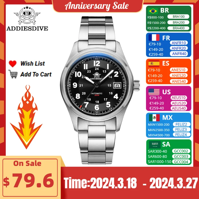

ADDIESDIVE AD2048 39mm Men Watch 316L Stainless steel 200M Waterproof Sapphire Crystal BGW9 Super Luminous NH35 Automatic Watch