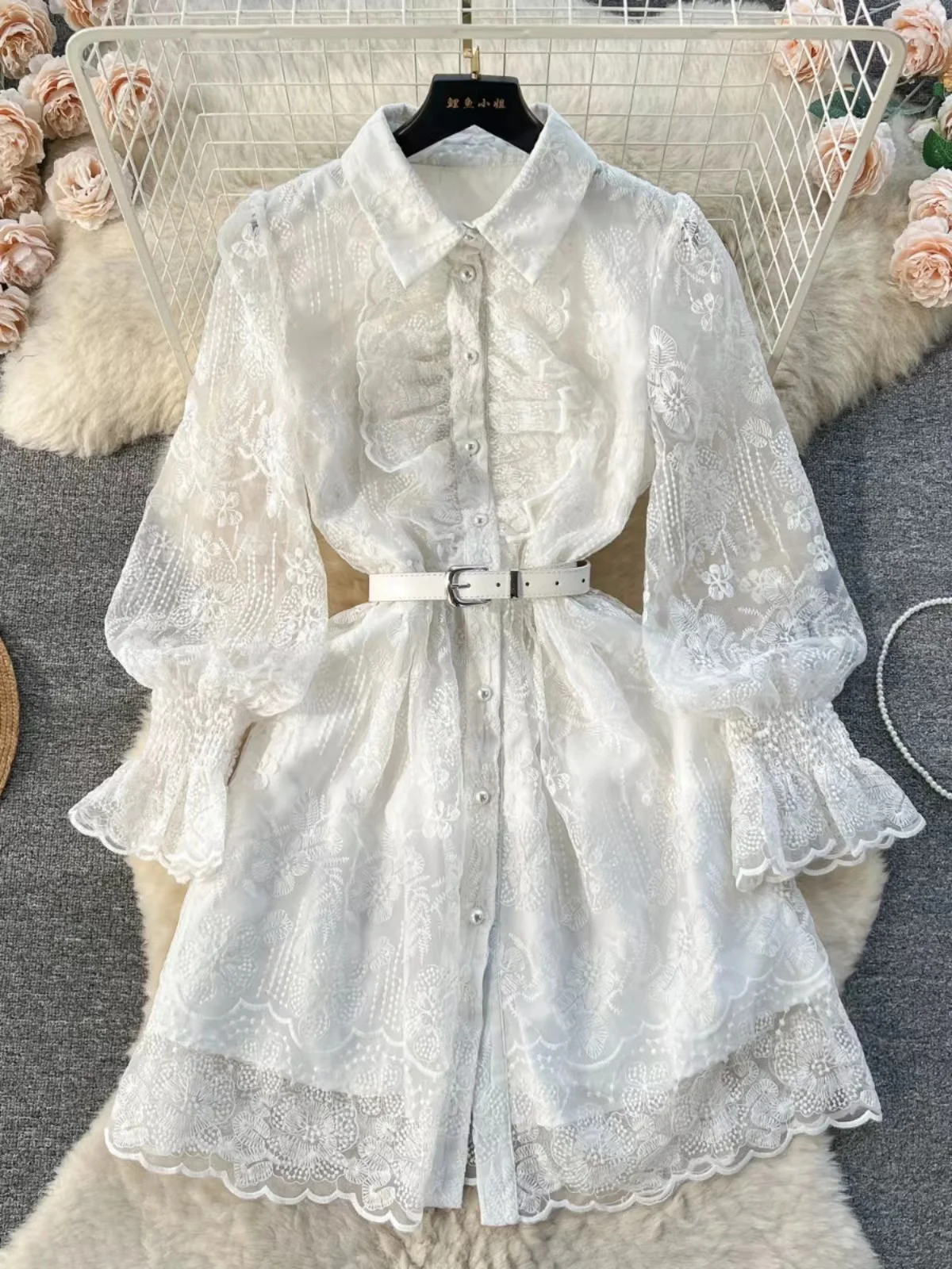 

Spring New Palace Style Elegance Dress Heavy Industry Embroidery Bubble Sleeves Ruffled Edge Slim Fit Chiffon Short Dress Women