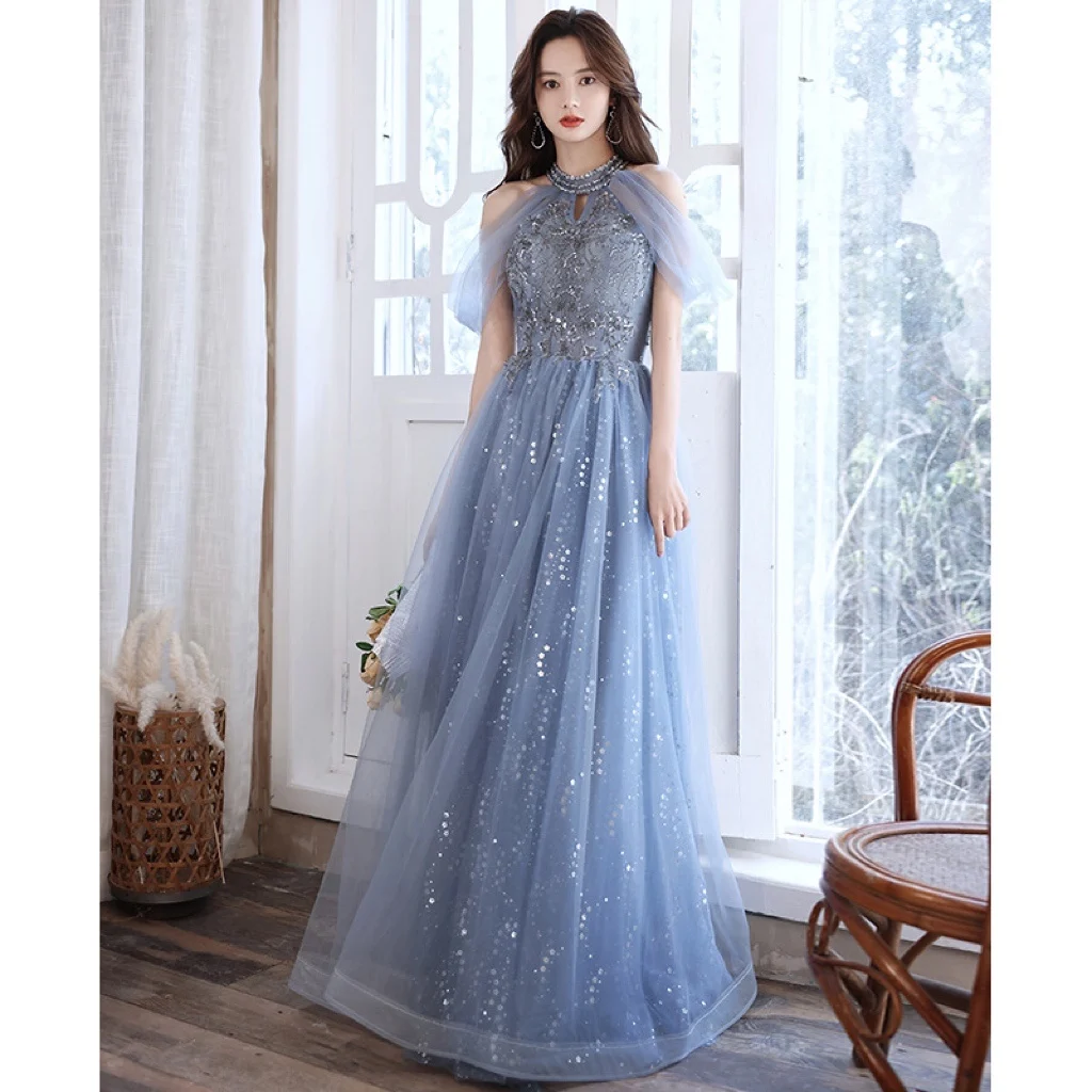 

Blue Sequined Prom Dress Halter Zipper Princess Bridesmaid Beading Banquet Party Quinceanera A Line Elegant Evening Gown