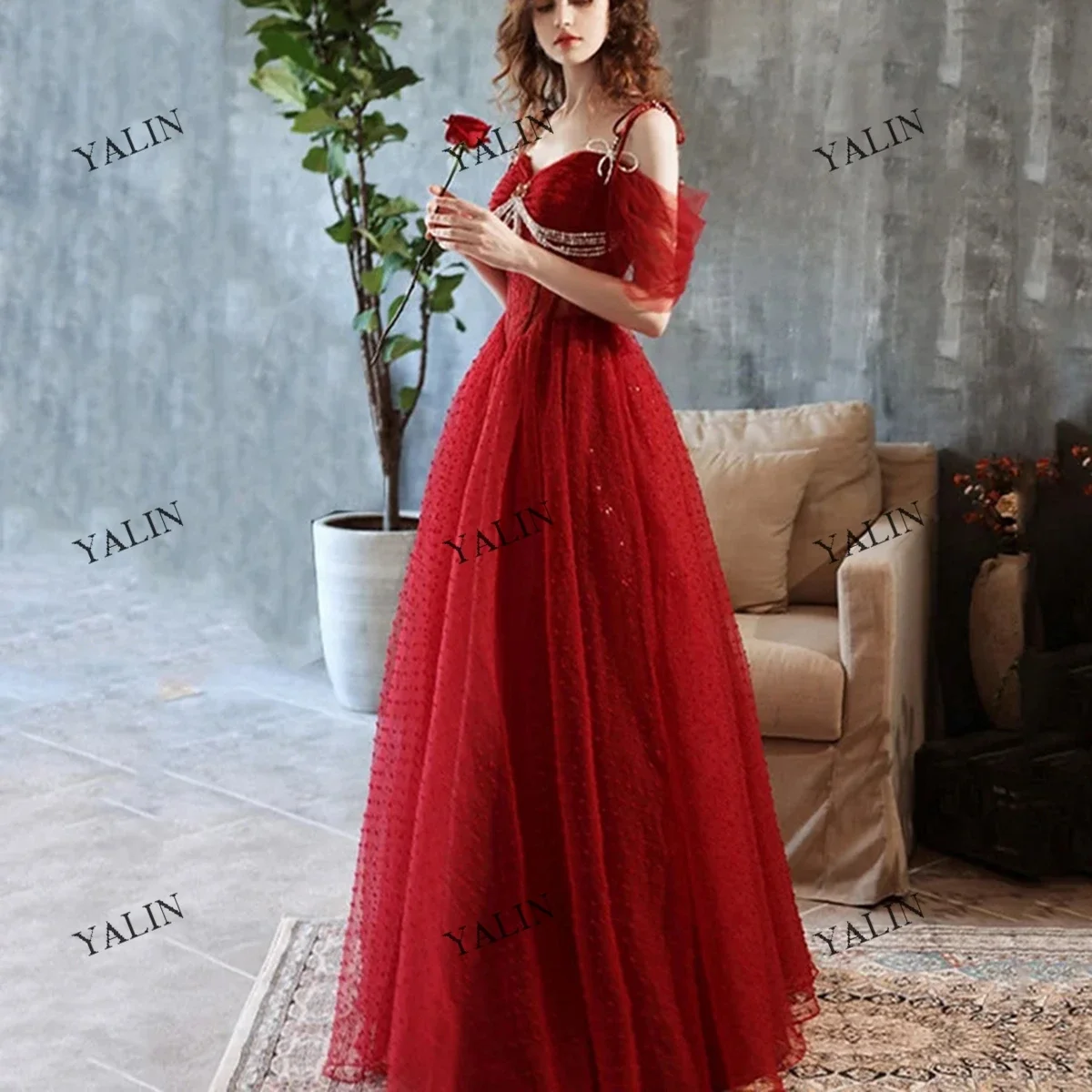 

YALIN Charming Illusion Off Shoulder Evening Gown Floor Length Princess Prom Dresses Pearsl Beading A-Line Event Party Dress