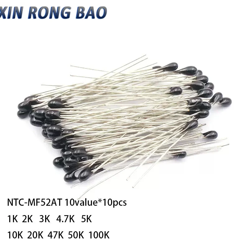 

100pcs=10value*10pcs NTC Thermistor Resistor Kit NTC-MF52AT 1K 2K 3K 4.7K 5K 10K 20K 47K 50K 100K +-5% 3950B