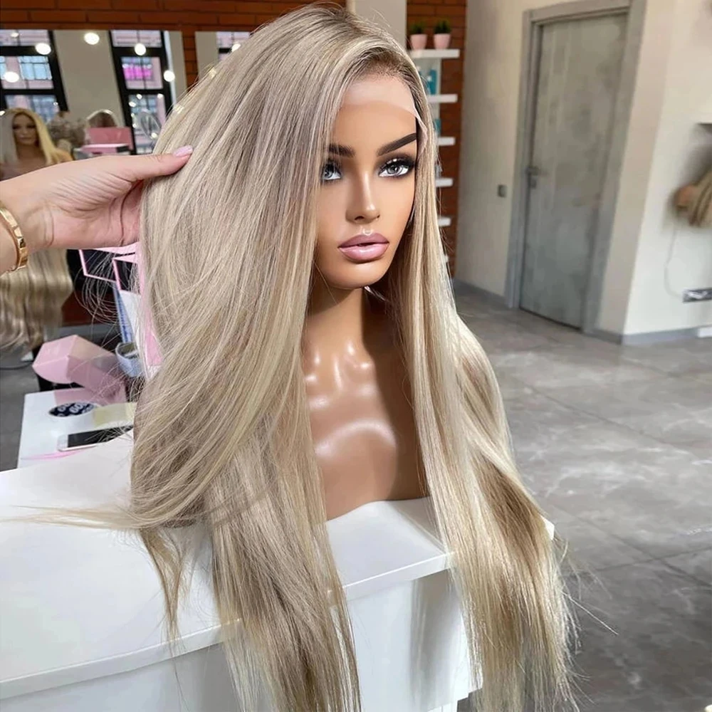 

Straight Ash Blonde Ombre Synthetic Hair Lace Front Wigs Highlight Glueless Lace Wigs with Baby Hair Pre Plucked Fiber Cosplay