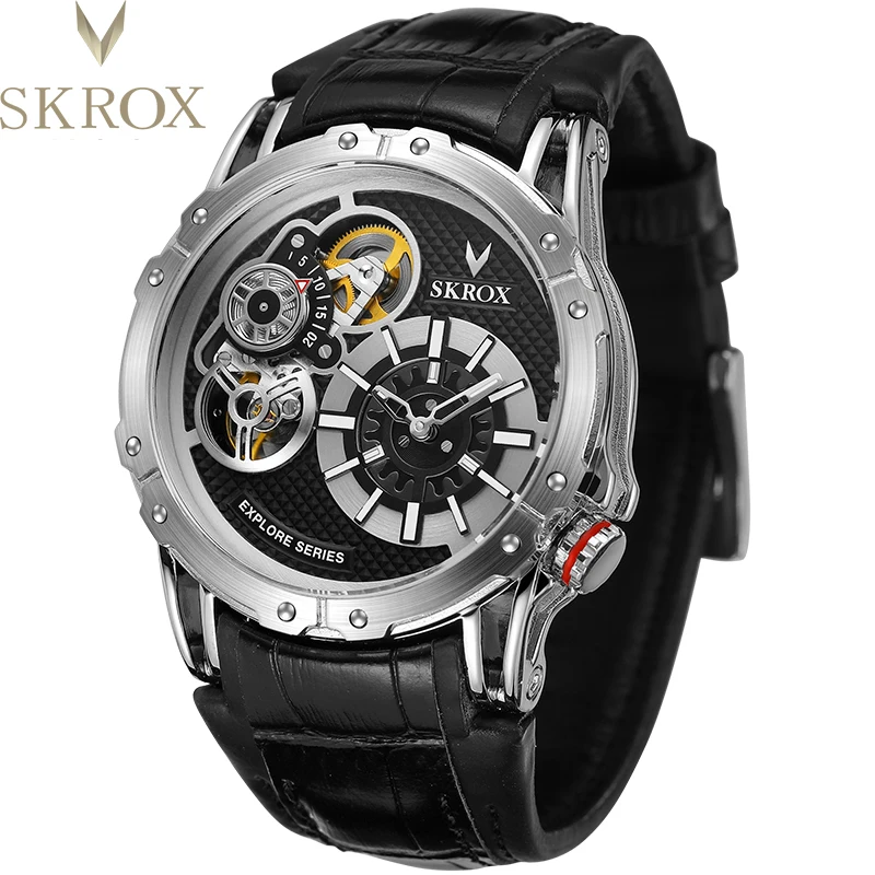 

Top Brand SKROX Punk Skeleton Watch Luxury Automatic Self-Wind Mechanical Wristwatches Men Large Dial Tourbillon Luminous Clock