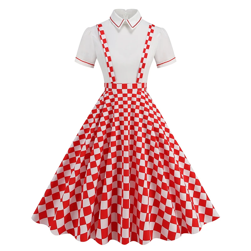 

2024 Female Clothes Women Summer Short sleeve Peter Pan Collar One Piece Plaid Polka Dot Printed Vintage party A Line dresses