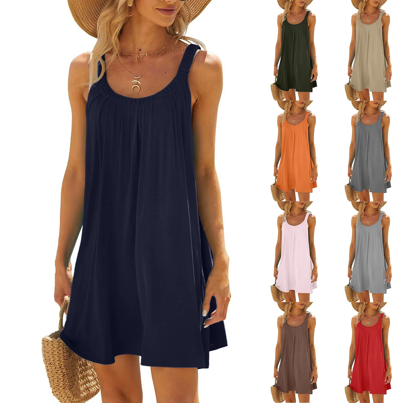

Женское летнее платье в стиле бохо на бретелях-спагетти, однотонное свободное пляжное платье для отпуска, женская футболка, сарафан на бретелях