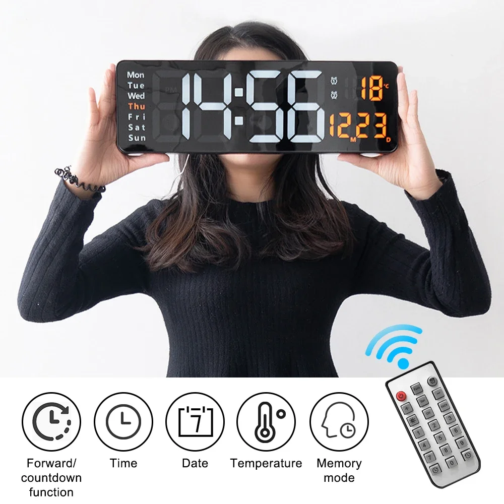 

Display Wall-mounted Digital Clock Remote Decor Date Power Week Table Dual Wall Off LED Alarm Clocks Control Large Memory Temp