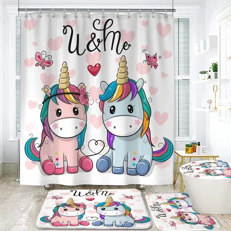 

Cute Cartoon Unicorn Shower Curtains 3D Printing Bathroom Accessories Partition Waterproof Thicken Bath Curtain Rugs and Mat Set