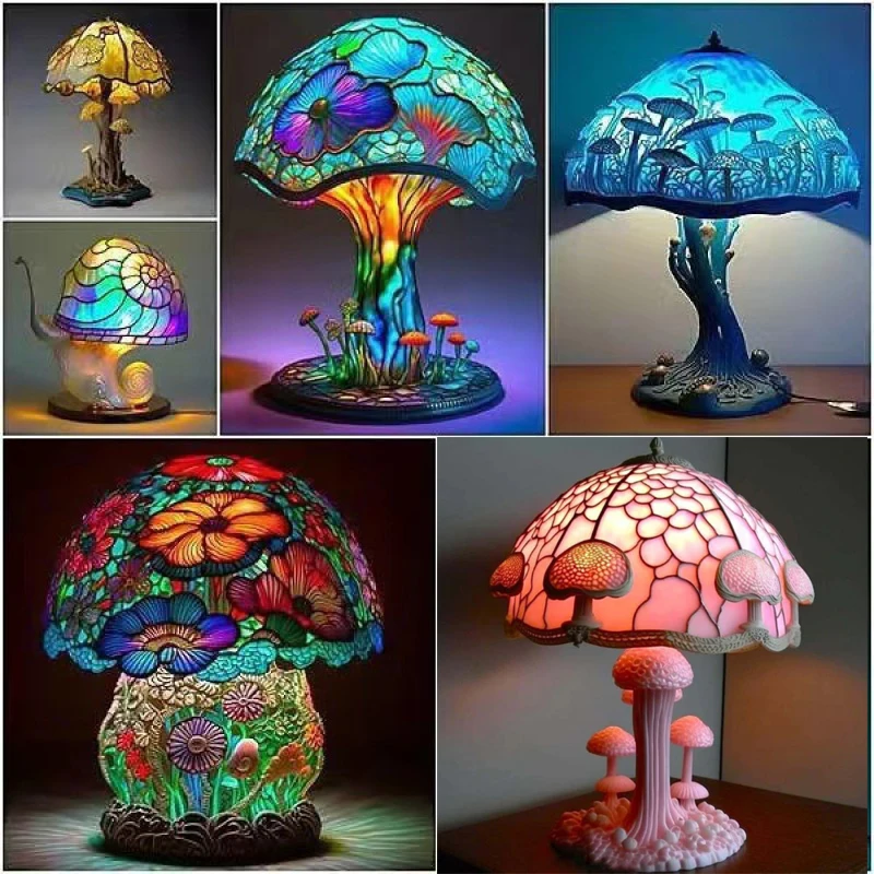 

Flower Mushroom Table Lamps Vintage Stained Glass Plant Series Snail Octopus Resin Colorful Atmosphere Light Desk Decoration