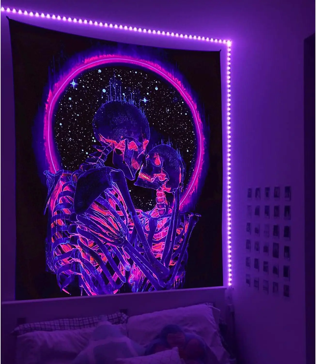 

Skeleton tapestry, The Kissing Lovers UV active psychedelic neon tapestry shines in the dark, party background wall art