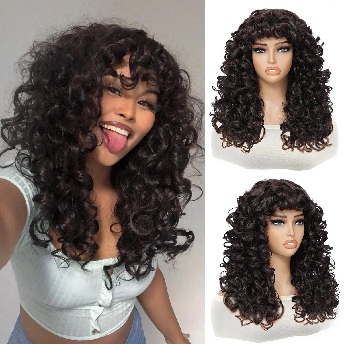 

Bouncy Curls Wigs with Bangs Chocolate Brown 18 inch Chemical Fiber Wig Bangs Wig Daily Used Easy to Wear Synthetic Curly Wig