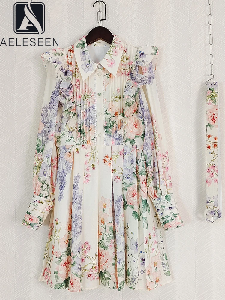 

AELESEEN Fashion Designer Mini Dress Women Spring Summer Lantern Sleeve Flower Print Ruffles Patchwork Belt Single-breasted