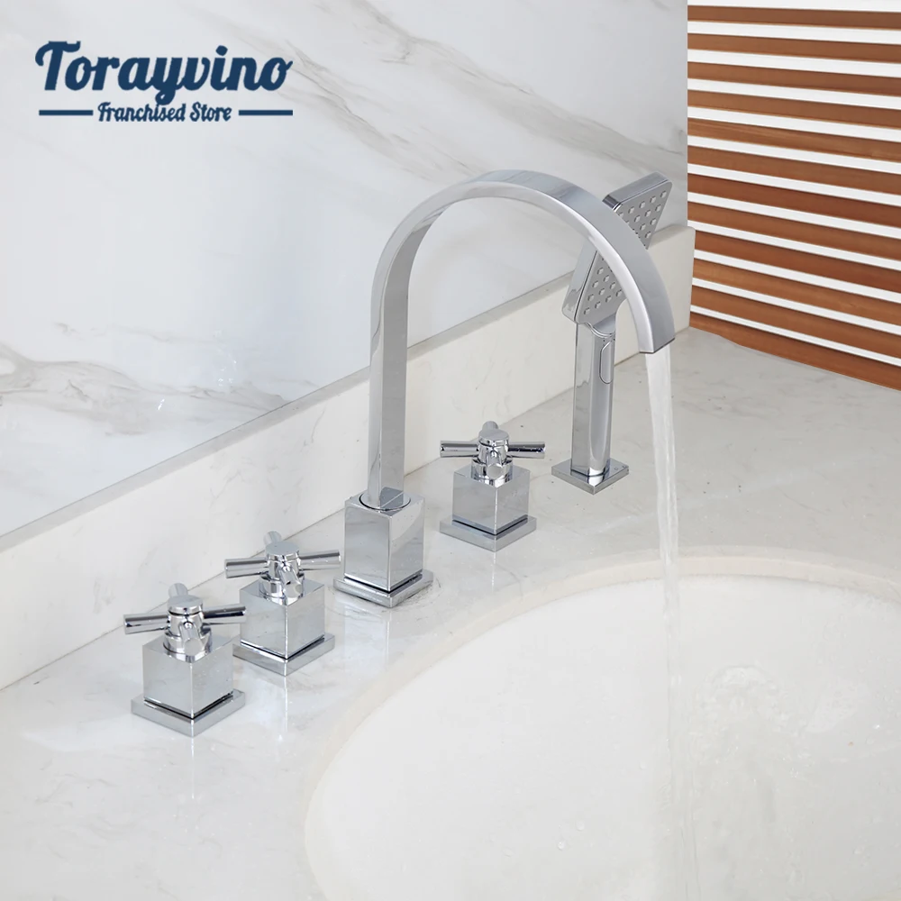 Хромированный смеситель для ванной Torayvino, кран для горячей и холодной воды с 3 ручками, два выхода, крепление на раковину 
Хромированный смеситель для ванной Torayvino, кран для горячей и холодной воды с 3 ручками, два выхода, крепление на раковину